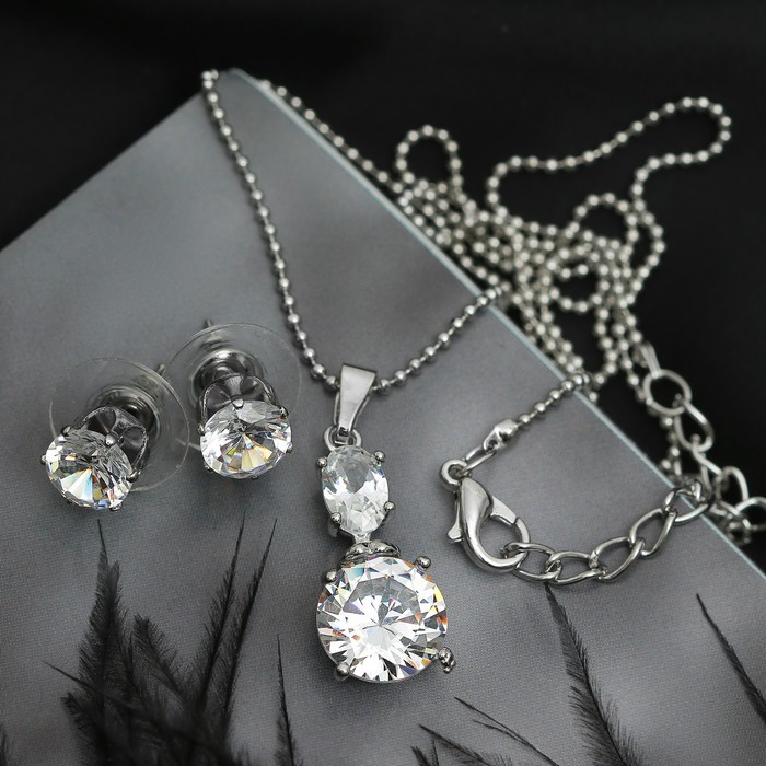 Набор 2 предмета: серьги, кулон "Луна" циркон, круг, в коробочке, цвет белый в серебре