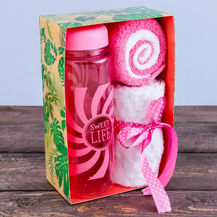 Набор "Sweet life", бутылка для воды (500 мл), полотенце 2 шт. (30 х 30 см)