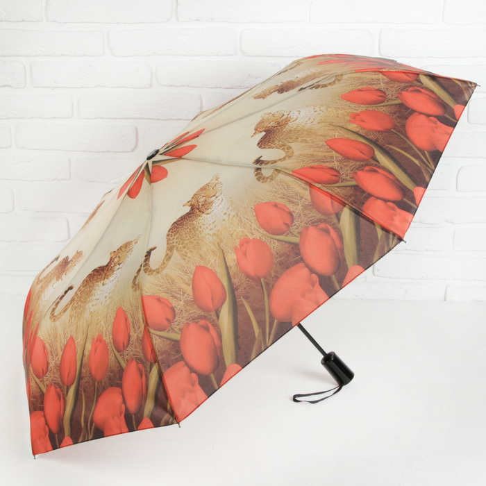 Зонт полуавтоматический "Цветы Тюльпаны" , R=50см, цвет коричневый/красный