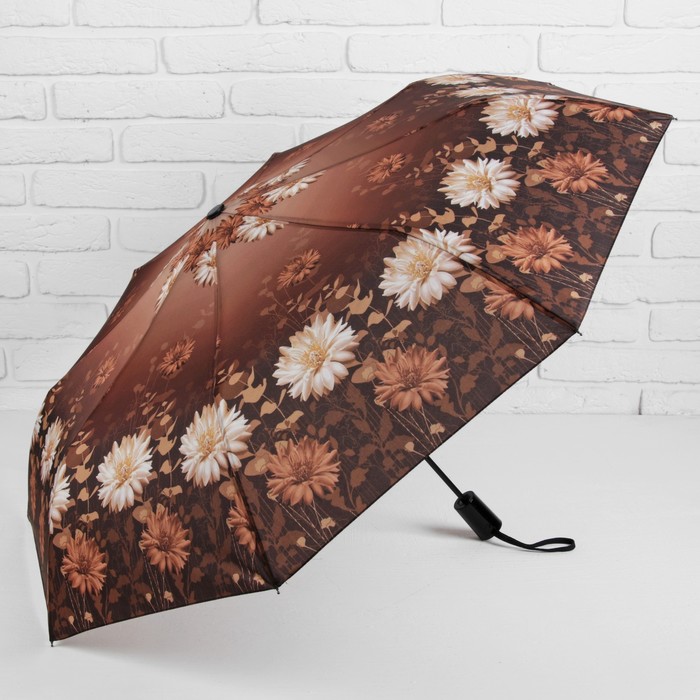 Зонт полуавтоматический "Цветы хризантемы", R=49см, цвет коричневый