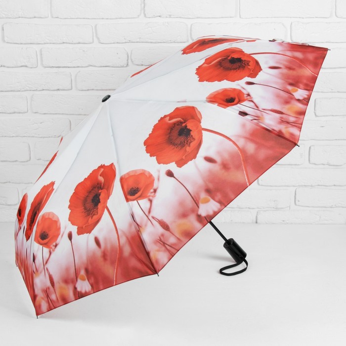 Зонт полуавтоматический "Цветы Маки", R=49см, цвет белый/красный