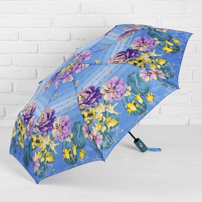 Зонт полуавтоматический "Цветы Пионы" , R=49см, цвет голубой