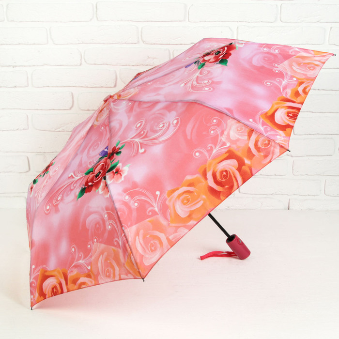 Зонт полуавтоматический "Цветы Розы" , R=49см, цвет розовый