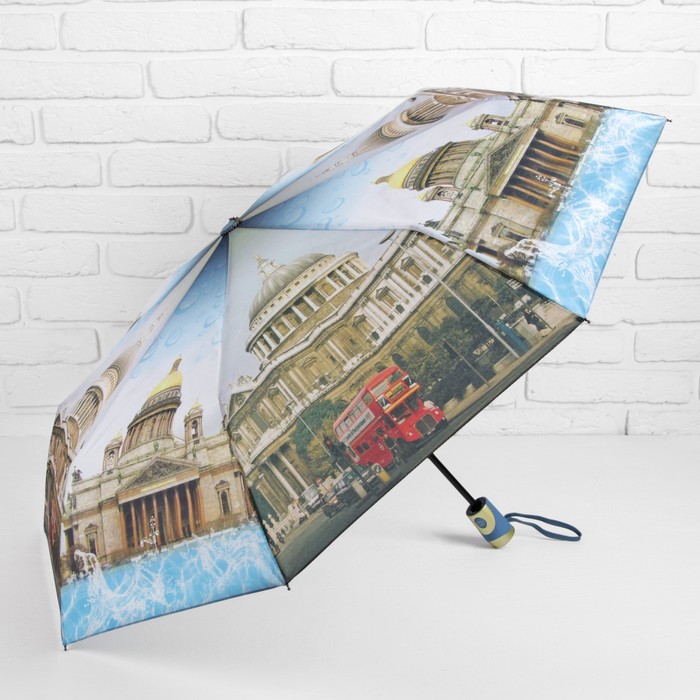 Зонт автоматический "Города" , R=48см, цвет голубой/коричневый