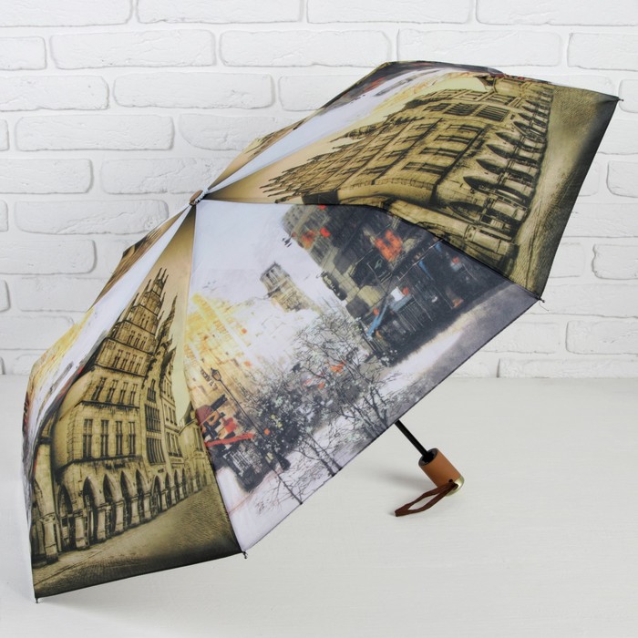Зонт автоматический "Города", R=49см, цвет бежевый