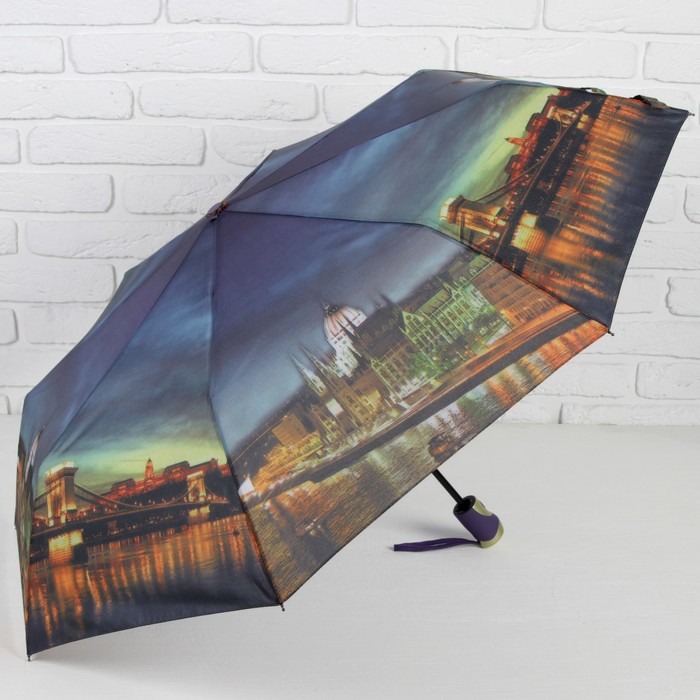 Зонт автоматический "Города", R=49см, цвет тёмно-серый/бежевый