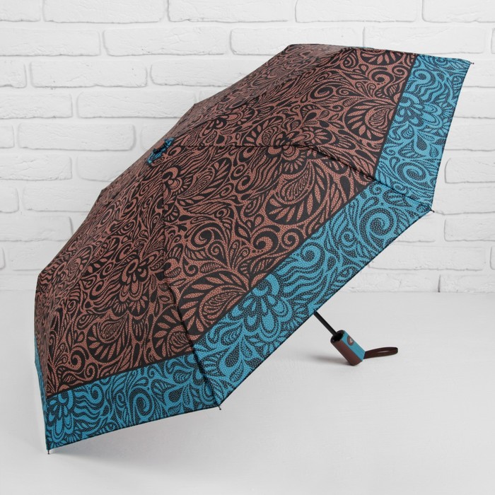 Зонт автоматический "Завитки", R=48см, цвет коричневый/голубой