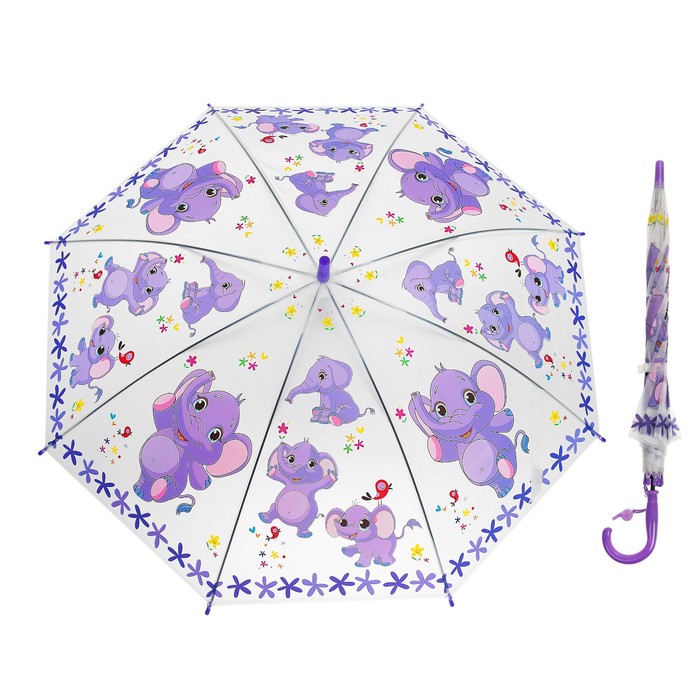 Зонт-трость "Слоник", полуавтоматический, со свистком, R=42см, цвет сиреневый