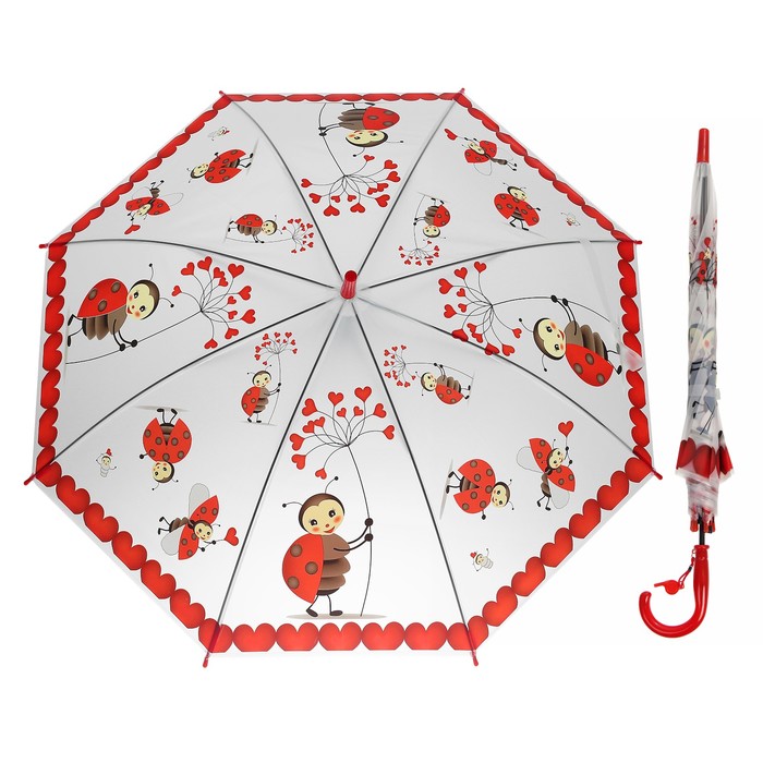 Зонт-трость "Божья коровка", полуавтоматический, со свистком, R=42см, цвет красный