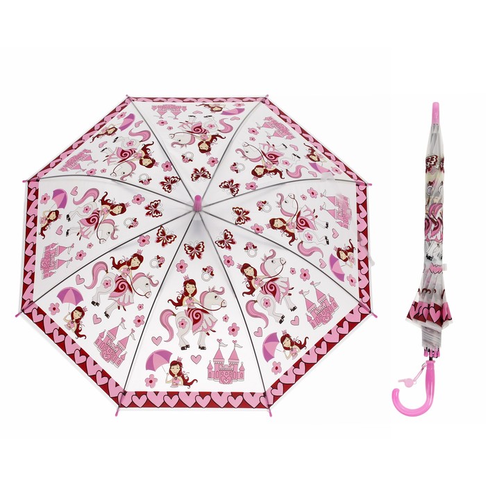 Зонт-трость "Принцесса", полуавтоматический, со свистком, R=42см, цвет розовый