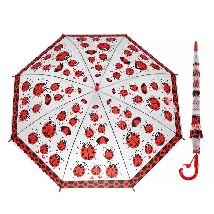 Зонт-трость "Божьи коровки", полуавтоматический, со свистком, R=42см, красный