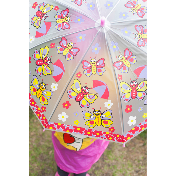 Зонт-трость "Бабочки", полуавтоматический, со свистком, R=42см, цвет розовый