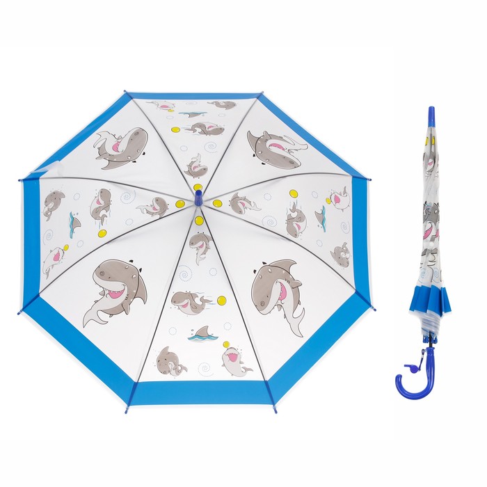 Зонт-трость "Акулы", полуавтоматический, со свистком, R=42,5см, цвет синий