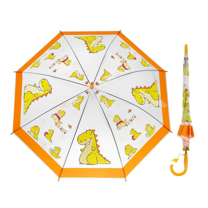 Зонт-трость "Динозаврик", полуавтоматический, со свистком, R=41,5см, цвет оранжевый