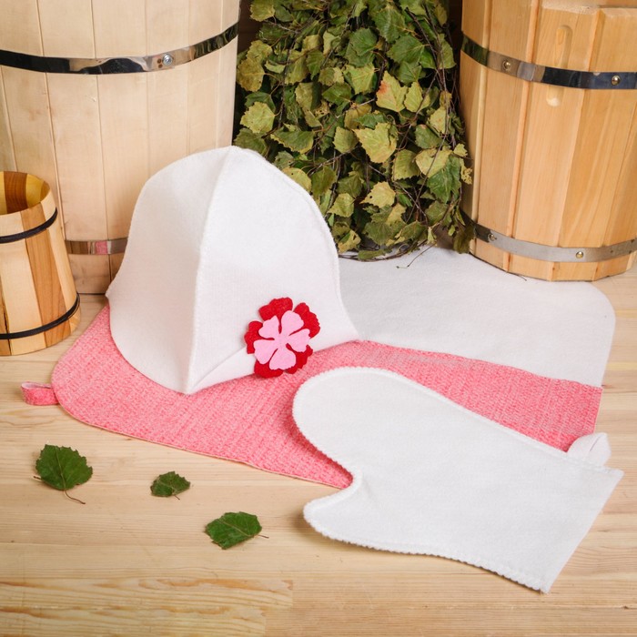 Набор банный женский (шляпа "Слауч", коврик комбинированный, рукавица), белый