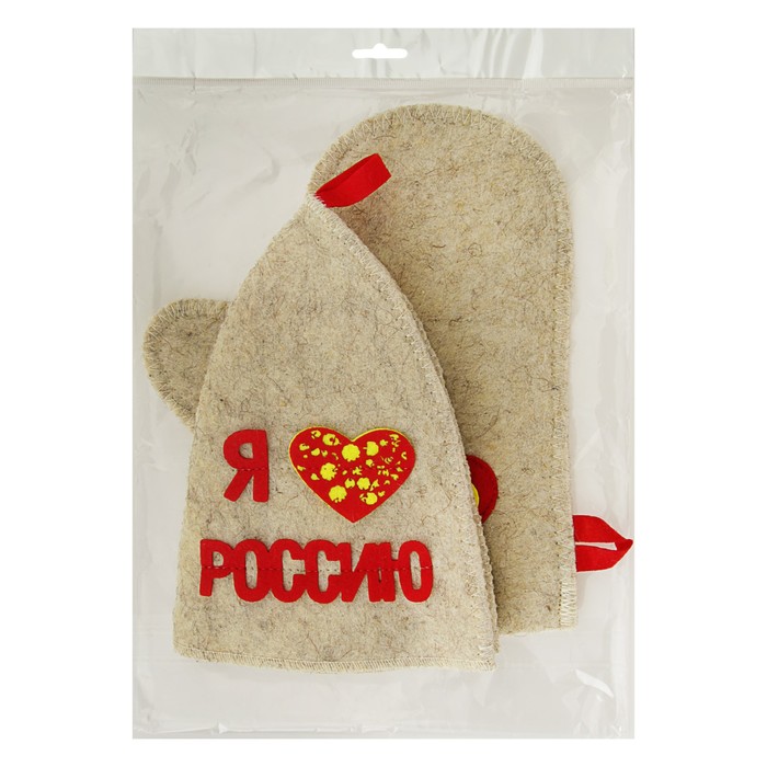 Набор банный "Я люблю Россию с хохломой" (шапка, рукавица)