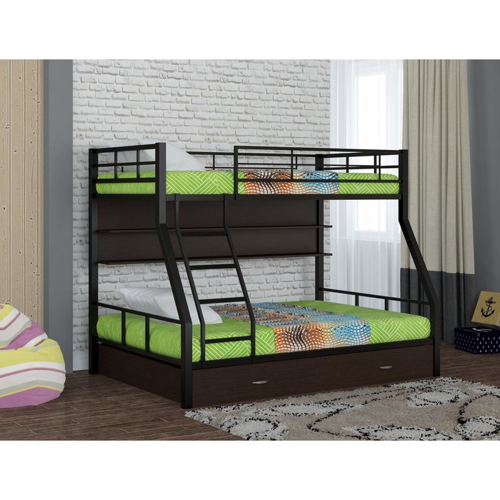 Двухъярусная кровать "Гранада 1", с полкой и ящиком 1980х1260х1620 мм, черный