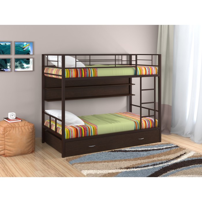 Двухъярусная кровать "Севилья 2", с полкой и ящиком, 1980х960х1620 мм, коричневый