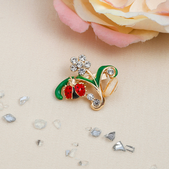 Брошь ассорти "Божьи коровки в цветах", цветная в золоте