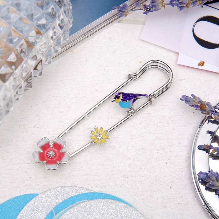 Булавка "Соловей", 6 см, цветная в серебре