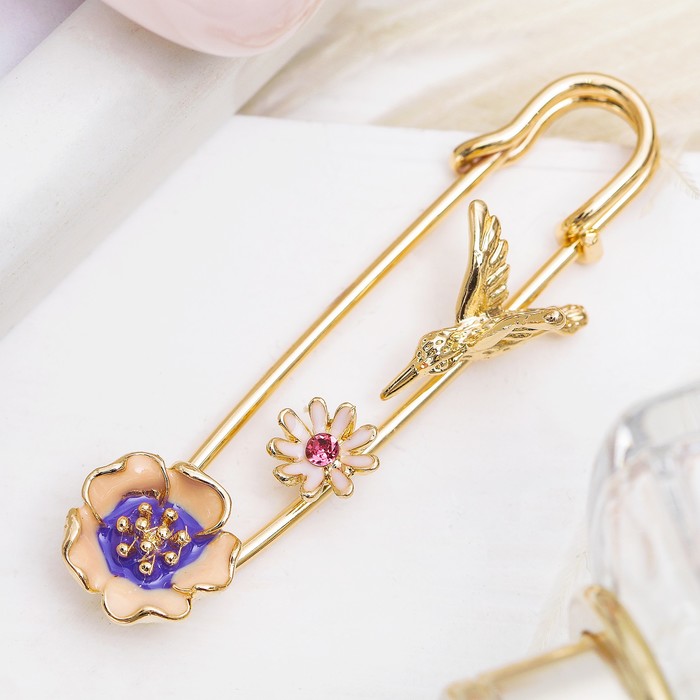Булавка "Колибри в цветах", 6 см, цветная в золоте