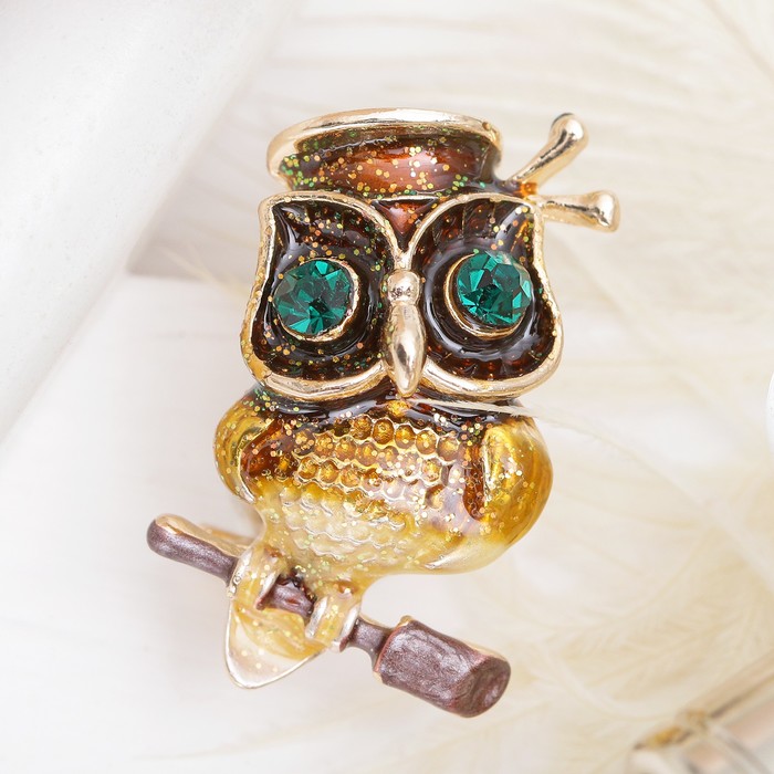 Брошь "Филин" с большими глазами, цветная в золоте