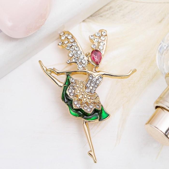 Брошь "Дюймовочка", цвет бело-зеленый в золоте