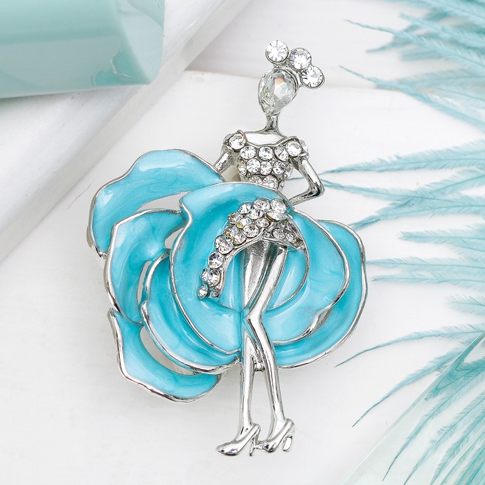 Брошь "Фламенко", цвет бело-голубой в серебре