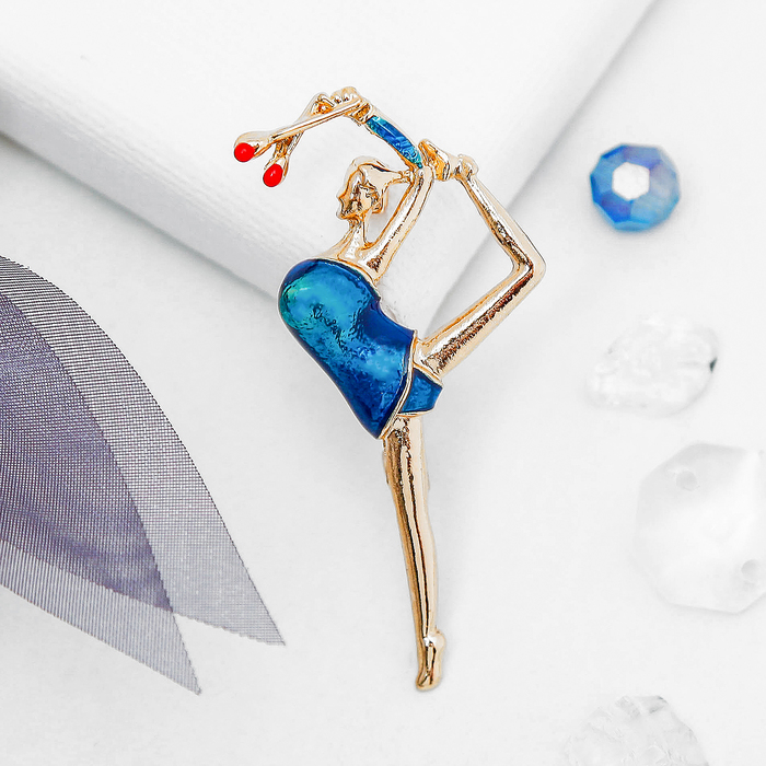 Брошь "Гимнастка" с булавами, цвет синий в золоте