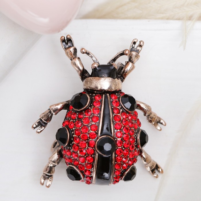 Брошь "Божья коровка" с лапками, цвет красно-черный в меди