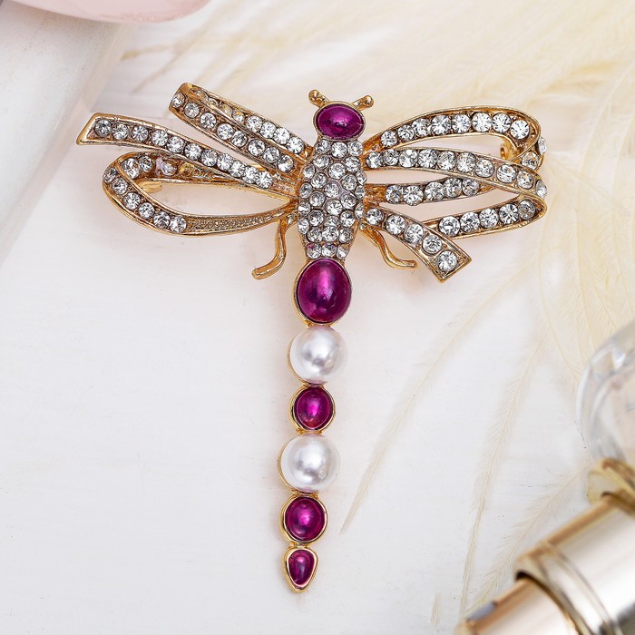 Брошь "Стрекоза жемчужная", цвет бело-фиолетовый в золоте