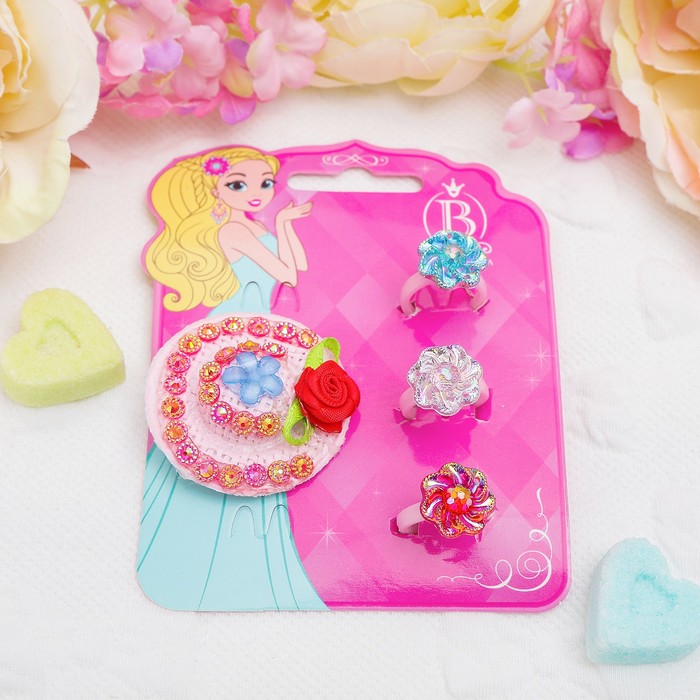 Набор детский "Выбражулька" 4 предмета: заколка, 3 кольца, шляпка, цвет МИКС