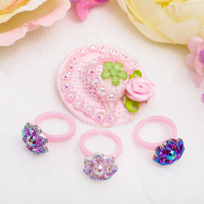 Набор детский "Выбражулька" 4 предмета: заколка, 3 кольца, шляпка, цвет МИКС