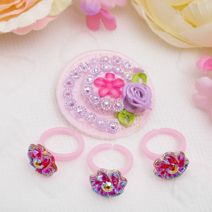 Набор детский "Выбражулька" 4 предмета: заколка, 3 кольца, шляпка, цвет МИКС