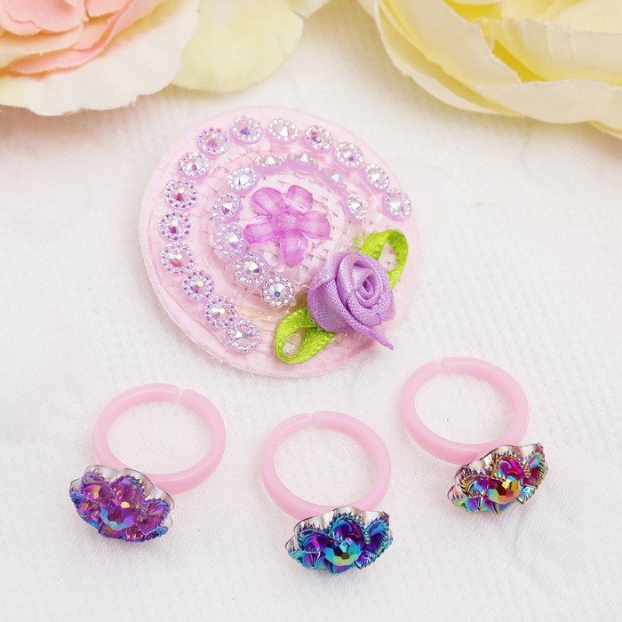 Набор детский "Выбражулька" 4 предмета: заколка, 3 кольца, шляпка, цвет МИКС