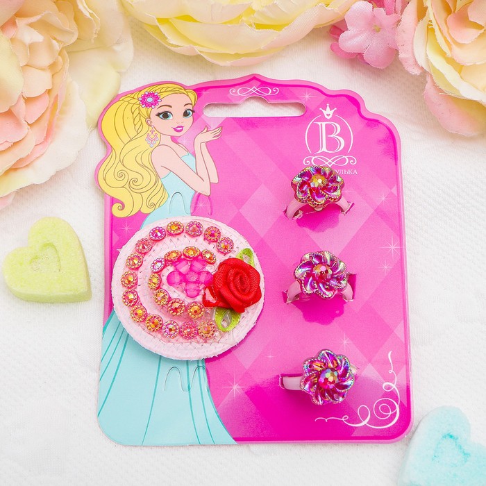 Набор детский "Выбражулька" 4 предмета: заколка, 3 кольца, шляпка, цвет МИКС