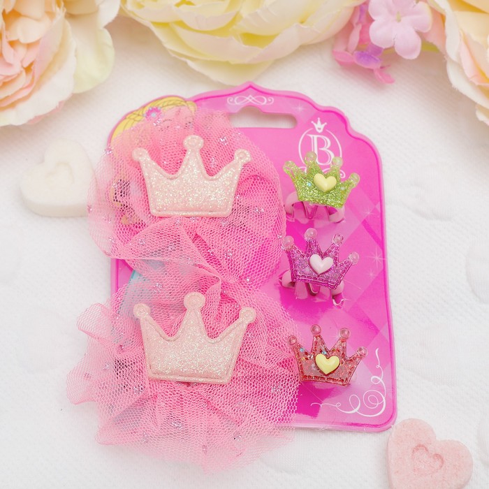 Набор детский "Выбражулька" 5 предметов: 2 заколки, 3 кольца, корона, цвет МИКС