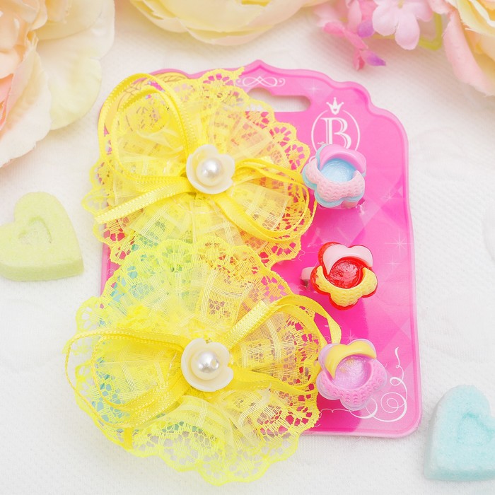 Набор детский "Выбражулька" 5 предметов: 2 заколки, 3 кольца, мимоза, цвет МИКС