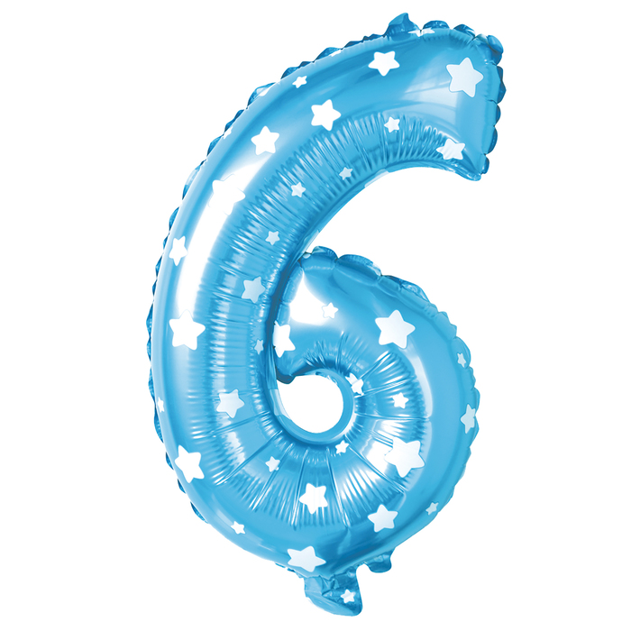 Шар фольгированный 40", цифра 6, звёзды, цвет голубой