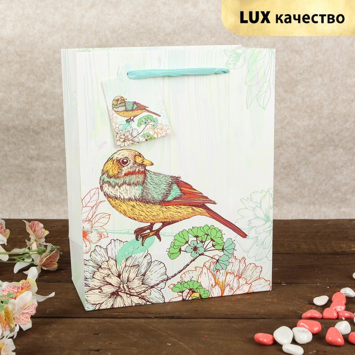Пакет подарочный "Певчая птичка", бирюзовый, люкс, 18 х 9 х 23 см