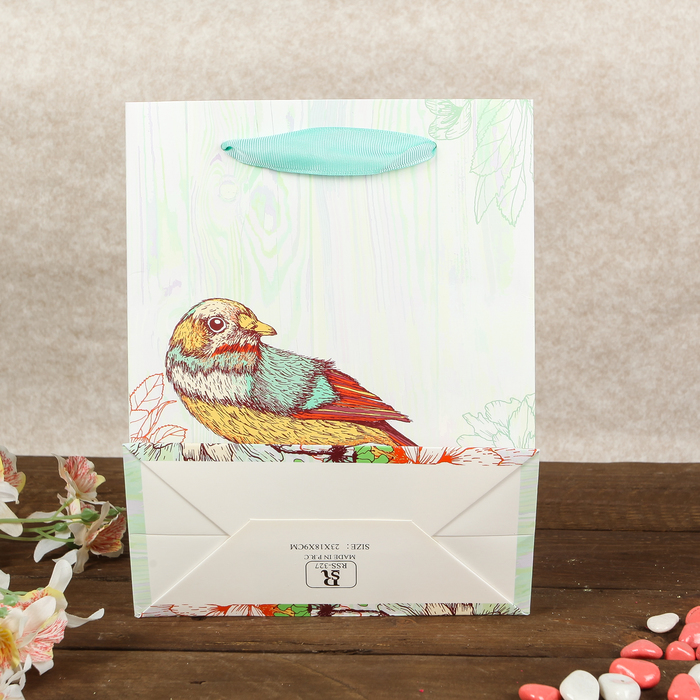 Пакет подарочный "Певчая птичка", бирюзовый, люкс, 18 х 9 х 23 см