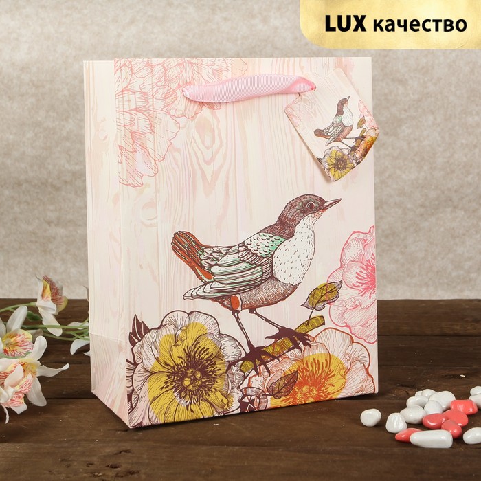 Пакет подарочный "Певчая птичка", розовый, люкс, 18 х 9 х 23 см