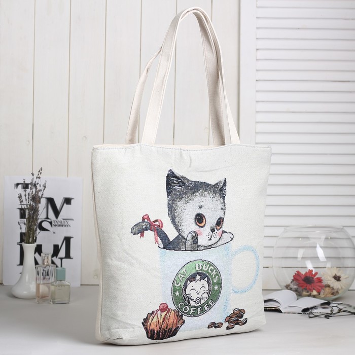 Сумка текстильная Кот в чашке, 36*10*40, отд на молнии, подклад, бежевый