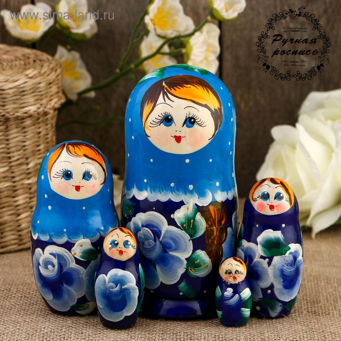 

Матрёшка «Рыжая коса», синий платок, 5 кукольная, 15 см