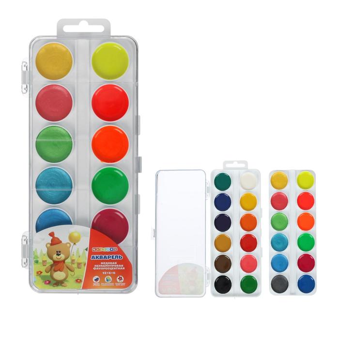 Акварель ЗКХ «Цветик», 12 цветов – классика, 6 цветов – перламутровые, 6 цветов – флуоресцентные, в пластиковой коробке