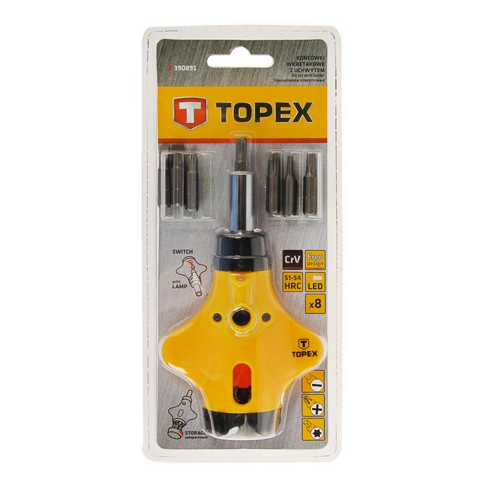 Отвертка с битами Topex, набор 8 шт., светодиод, реверс, кассета,