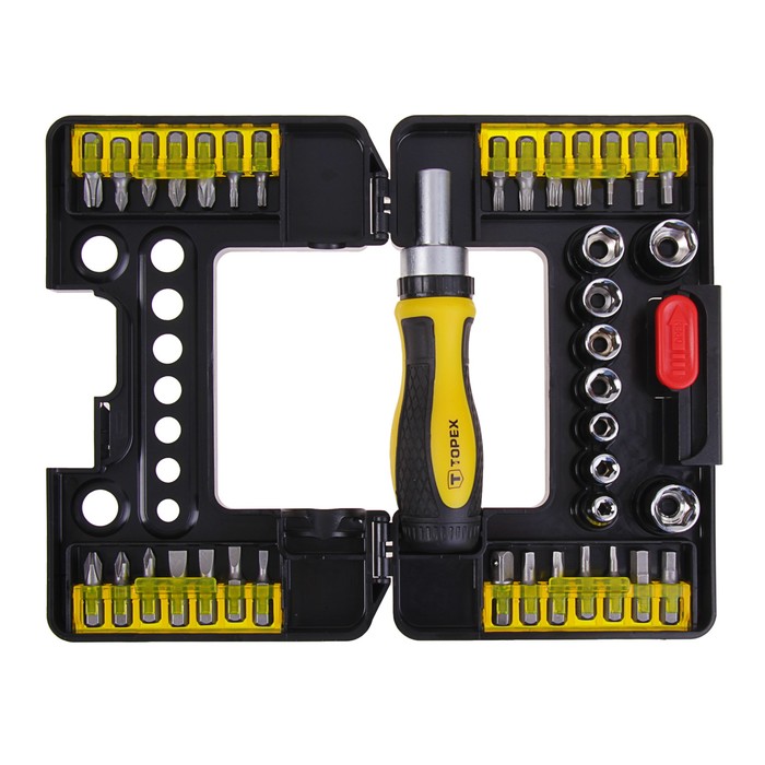 Отвертка с битами Topex, 38 шт., реверс, с торцевыми головками, в удобном пластиковом кейсе