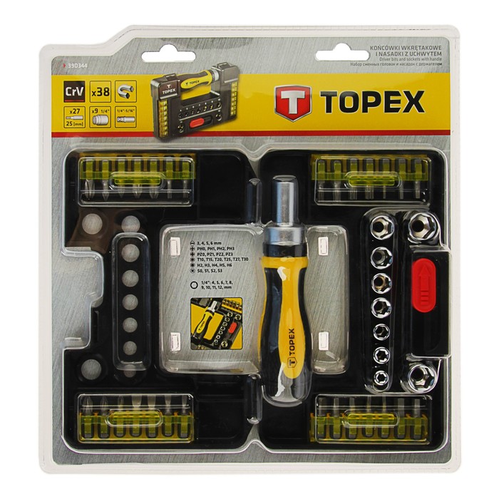 Отвертка с битами Topex, 38 шт., реверс, с торцевыми головками, в удобном пластиковом кейсе
