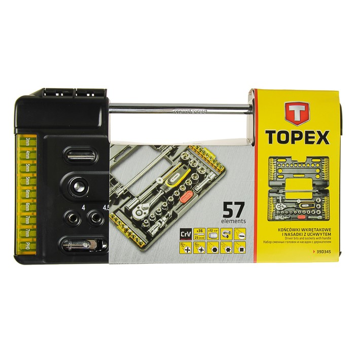 Набор инструмента Topex, 57 шт., трещотка, шарнир, адаптеры, в удобном пластиковом кейсе