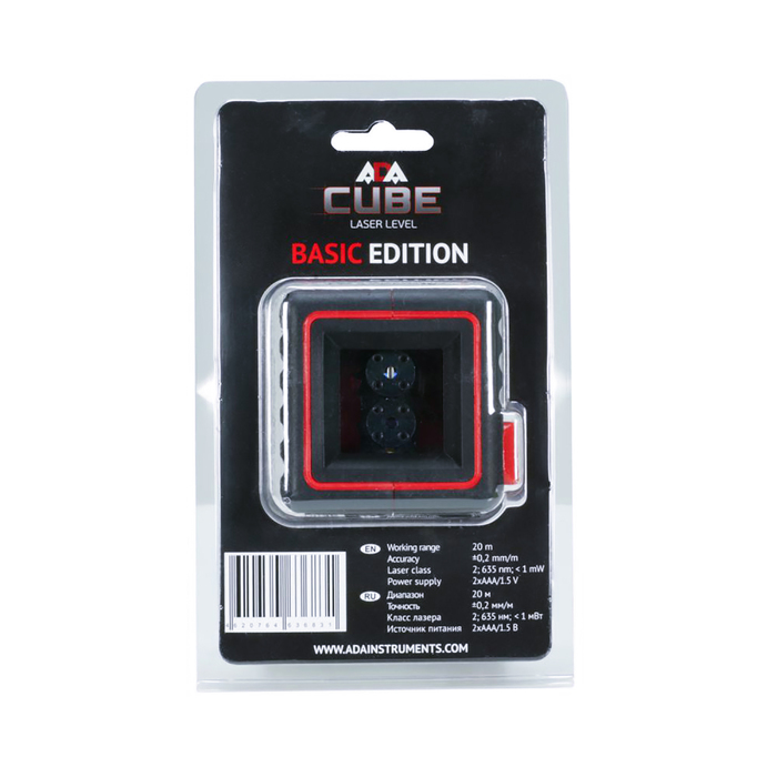 Нивелир лазерный ADA Cube Basic Edition, 2 луча, 20 м, ± 2мм/10м, 1/4"